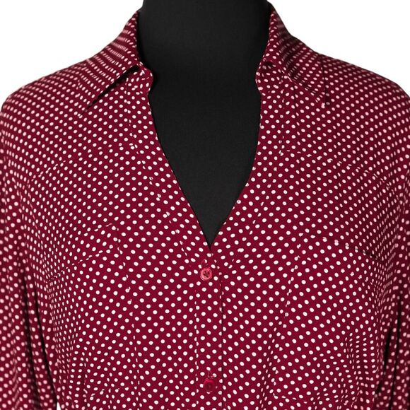 Express Women's Shirt Dress Button Up Red White Polka Dot Belted V-Neck Lined L - Picture 4 of 9